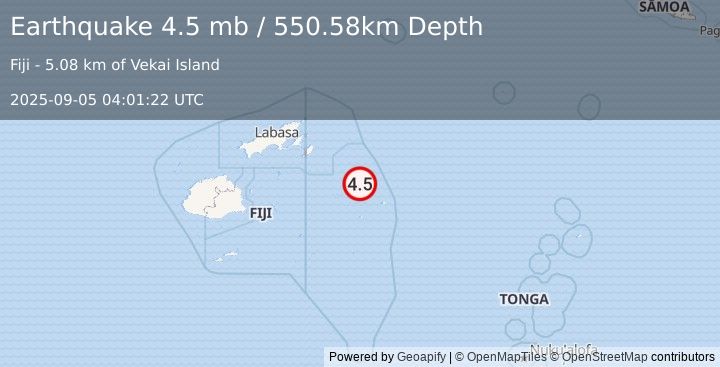 Earthquake 208 km ENE of Levuka, Fiji (4.5 mb) (2025-09-05 04:01:22 UTC)
