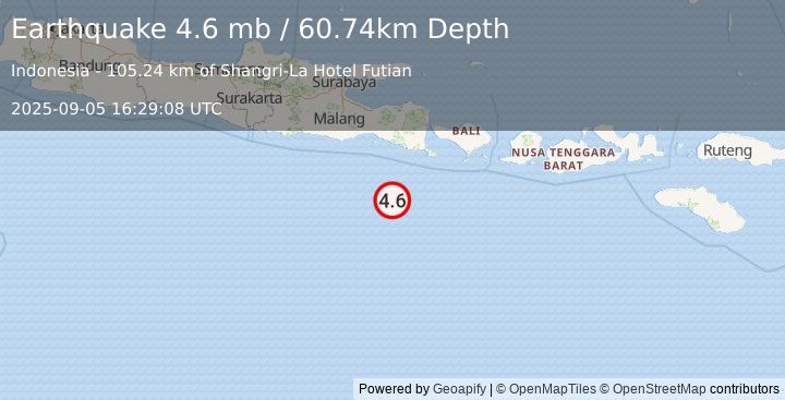 Earthquake 142 km SSW of Gambiran Satu, Indonesia (4.6 mb) (2025-09-05 16:29:08 UTC)