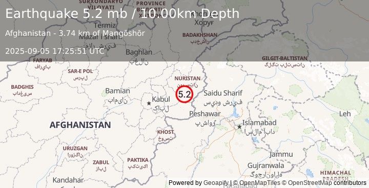 Earthquake 40 km W of Asadābād, Afghanistan (5.2 mb) (2025-09-05 17:25:51 UTC)