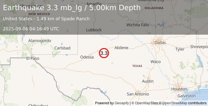 Earthquake 27 km E of Forsan, Texas (3.3 mb_lg) (2025-09-06 04:16:49 UTC)