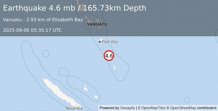 Earthquake 98 km NNW of Isangel, Vanuatu (4.6 mb) (2025-09-06 05:35:17 UTC)