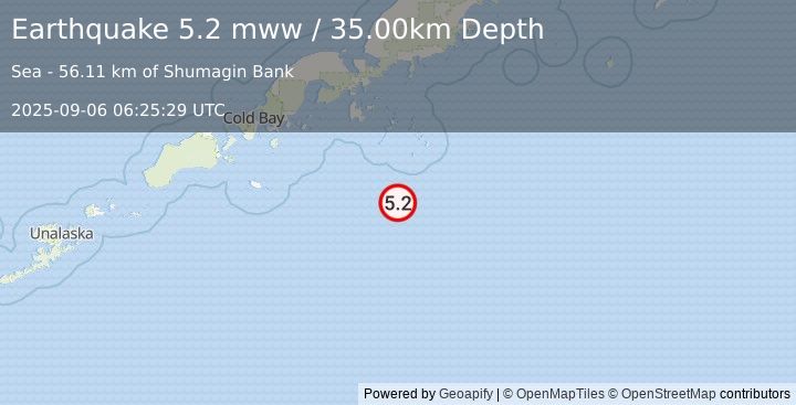 Earthquake 130 km SSE of Sand Point, Alaska (5.2 mww) (2025-09-06 06:25:29 UTC)