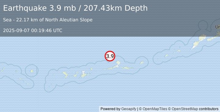 Earthquake 58 km NW of Atka, Alaska (3.9 mb) (2025-09-07 00:19:46 UTC)
