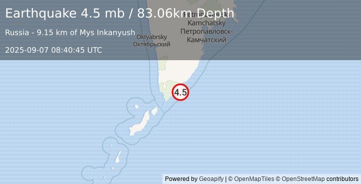 Earthquake 74 km ESE of Ozernovskiy, Russia (4.5 mb) (2025-09-07 08:40:45 UTC)