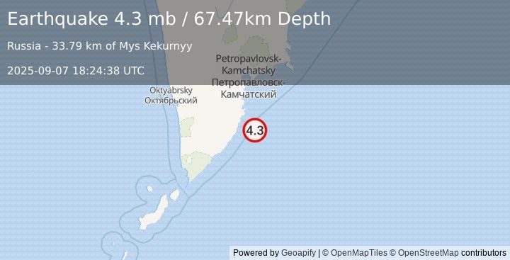 Earthquake 107 km SSE of Vilyuchinsk, Russia (4.3 mb) (2025-09-07 18:24:38 UTC)
