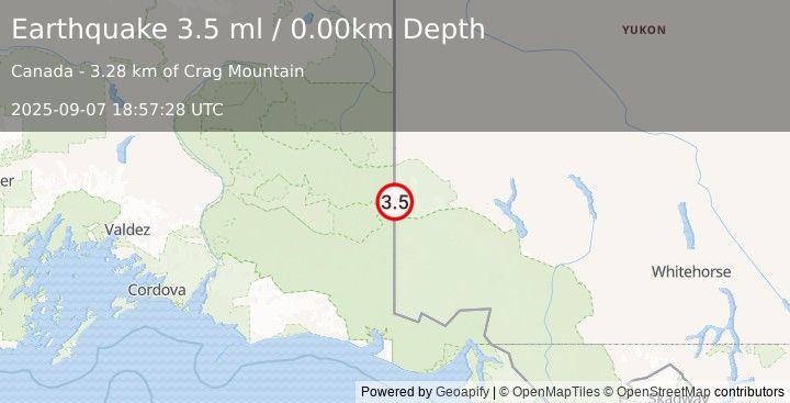 Earthquake 103 km E of McCarthy, Alaska (3.5 ml) (2025-09-07 18:57:28 UTC)