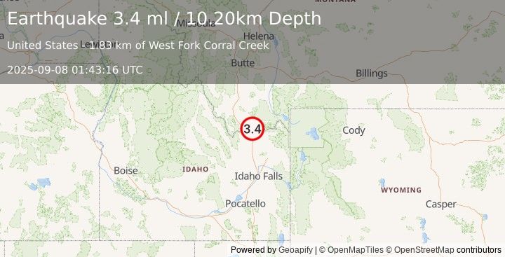 Earthquake 22 km N of Spencer, Idaho (3.4 ml) (2025-09-08 01:43:16 UTC)