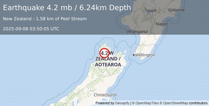 Earthquake 37 km W of Motueka, New Zealand (4.2 mb) (2025-09-08 03:50:05 UTC)