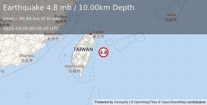 Earthquake 93 km SSW of Yonakuni, Japan (4.8 mb) (2025-09-08 05:50:45 UTC)
