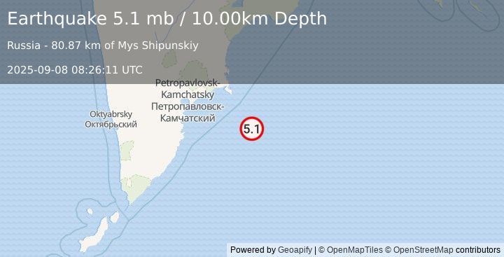Earthquake 152 km ESE of Petropavlovsk-Kamchatsky, Russia (5.1 mb) (2025-09-08 08:26:11 UTC)
