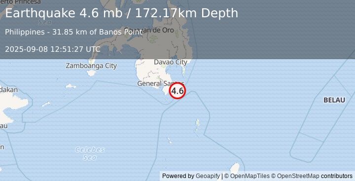 Earthquake 33 km ESE of Caburan, Philippines (4.6 mb) (2025-09-08 12:51:27 UTC)