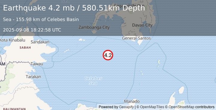 Earthquake 184 km SE of Tabiauan, Philippines (4.2 mb) (2025-09-08 18:22:58 UTC)