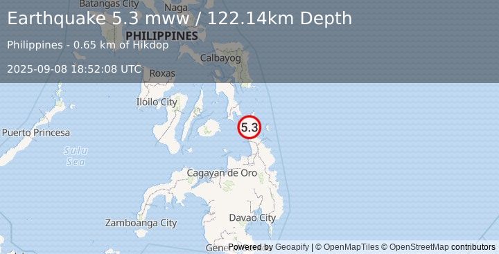 Earthquake 10 km SW of Dinagat, Philippines (5.3 mww) (2025-09-08 18:52:08 UTC)