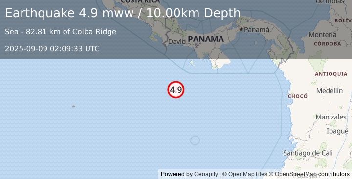 Earthquake 197 km SSE of Burica, Panama (4.9 mww) (2025-09-09 02:09:33 UTC)