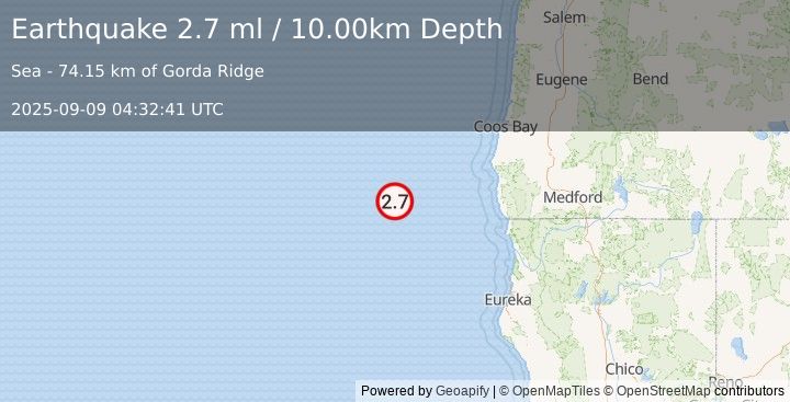 Earthquake 166 km W of Gold Beach, Oregon (2.7 ml) (2025-09-09 04:32:41 UTC)