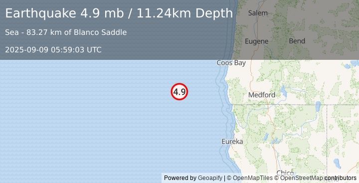 Earthquake 167 km WSW of Port Orford, Oregon (4.9 mb) (2025-09-09 05:59:03 UTC)