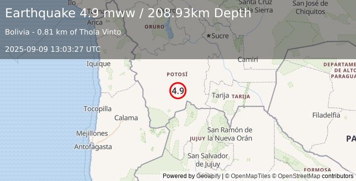 Earthquake 61 km SW of Atocha, Bolivia (4.9 mww) (2025-09-09 13:03:27 UTC)