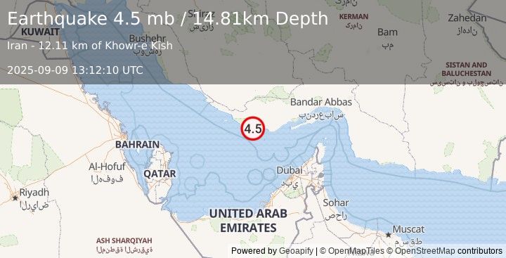 Earthquake 13 km ENE of Kīsh, Iran (4.5 mb) (2025-09-09 13:12:10 UTC)