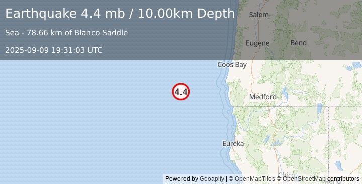 Earthquake 162 km W of Port Orford, Oregon (4.4 mb) (2025-09-09 19:31:03 UTC)