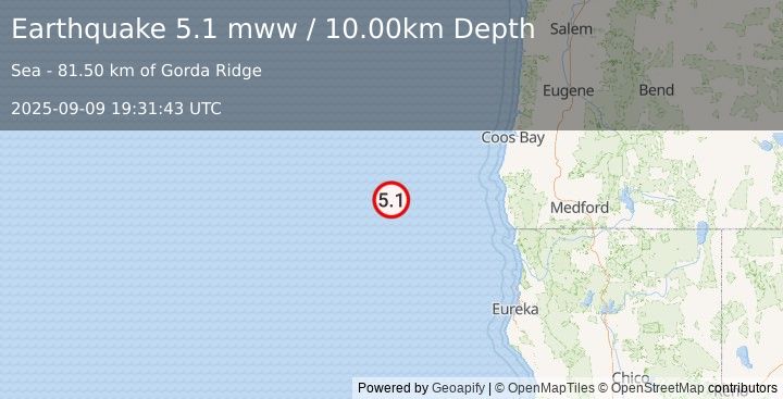 Earthquake 181 km WSW of Port Orford, Oregon (5.1 mww) (2025-09-09 19:31:43 UTC)