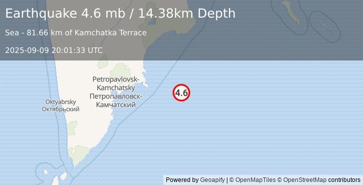 Earthquake 193 km E of Petropavlovsk-Kamchatsky, Russia (4.6 mb) (2025-09-09 20:01:33 UTC)