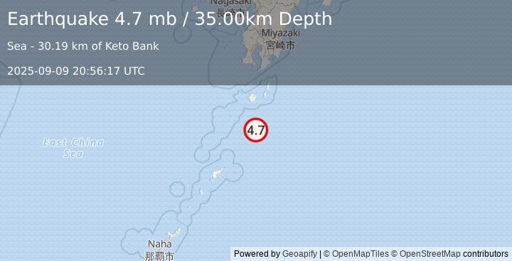 Earthquake 86 km S of Koshima, Japan (4.7 mb) (2025-09-09 20:56:17 UTC)