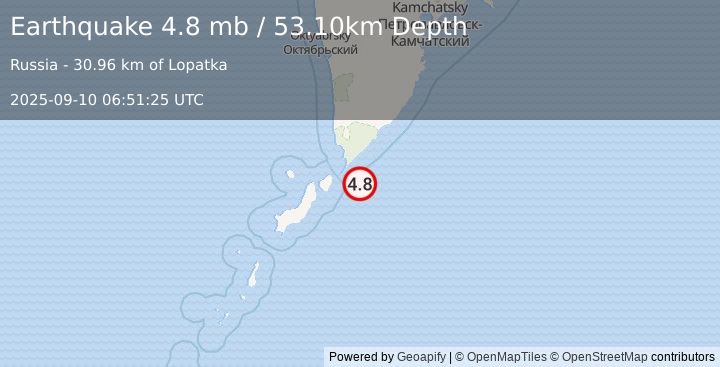 Earthquake 69 km E of Severo-Kuril’sk, Russia (4.8 mb) (2025-09-10 06:51:25 UTC)