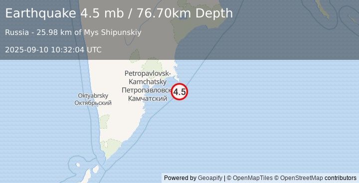 Earthquake 98 km ESE of Petropavlovsk-Kamchatsky, Russia (4.5 mb) (2025-09-10 10:32:04 UTC)