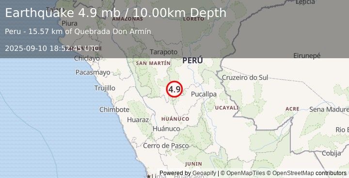 Earthquake 72 km E of Tocache, Peru (4.9 mb) (2025-09-10 18:52:45 UTC)
