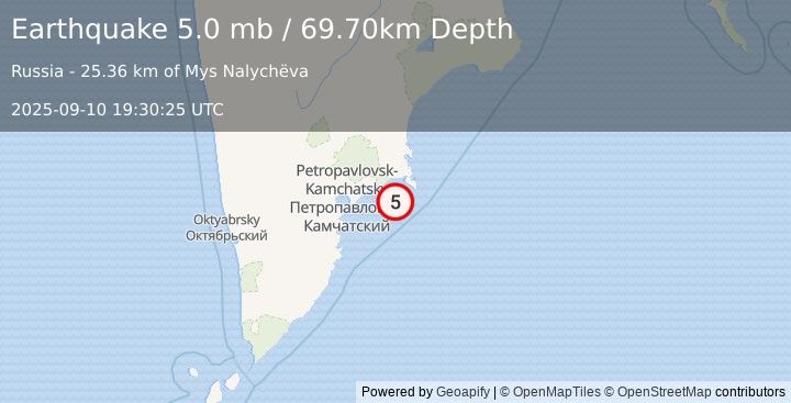 Earthquake 67 km E of Petropavlovsk-Kamchatsky, Russia (5.0 mb) (2025-09-10 19:30:25 UTC)