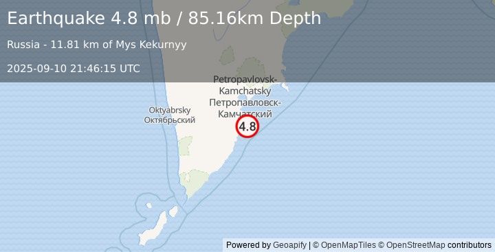 Earthquake 58 km SSE of Vilyuchinsk, Russia (4.8 mb) (2025-09-10 21:46:15 UTC)