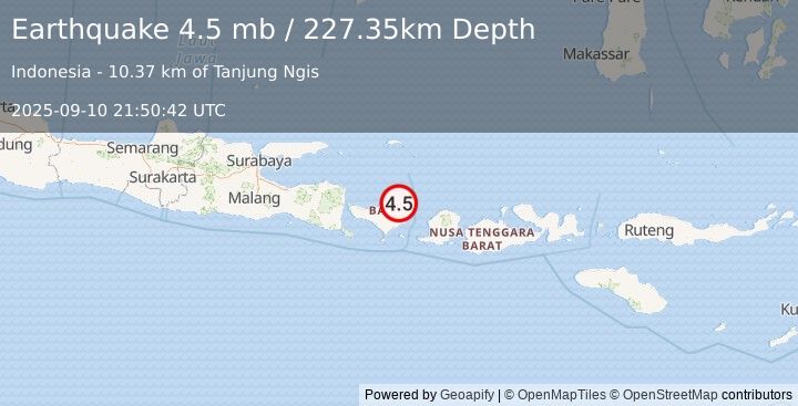 Earthquake 41 km NNW of Bedugul, Indonesia (4.5 mb) (2025-09-10 21:50:42 UTC)