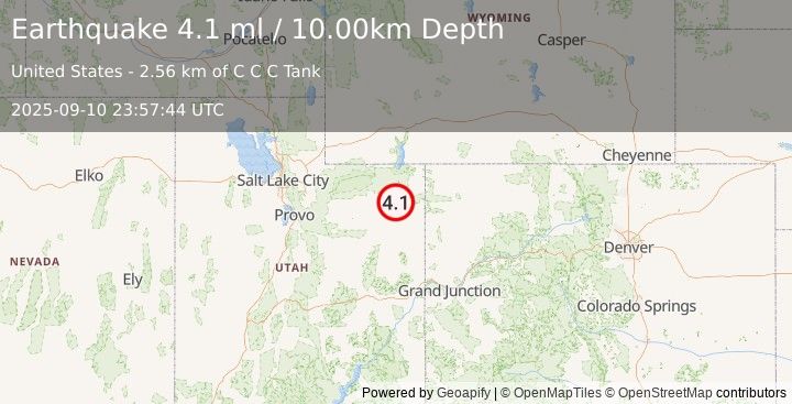 Earthquake 6 km SSW of Maeser, Utah (4.1 ml) (2025-09-10 23:57:44 UTC)