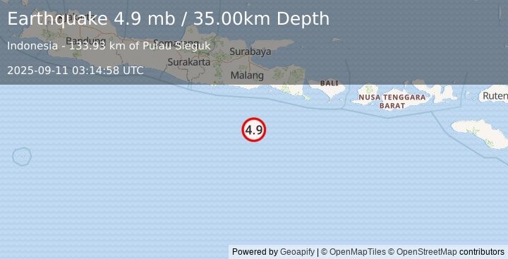 Earthquake 160 km S of Dampit, Indonesia (4.9 mb) (2025-09-11 03:14:58 UTC)