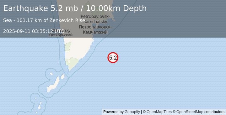 Earthquake 180 km SSE of Vilyuchinsk, Russia (5.2 mb) (2025-09-11 03:35:12 UTC)