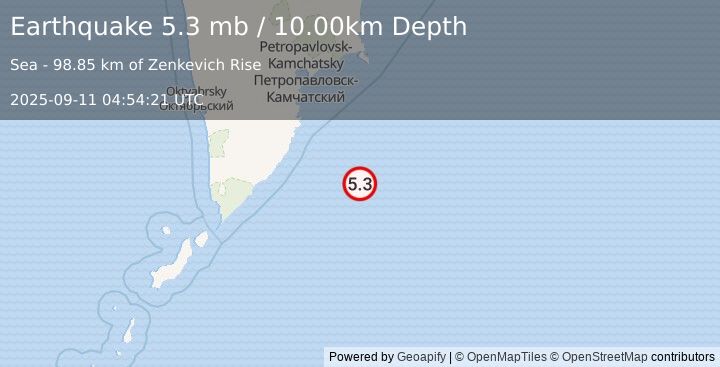 Earthquake 185 km SSE of Vilyuchinsk, Russia (5.3 mb) (2025-09-11 04:54:21 UTC)