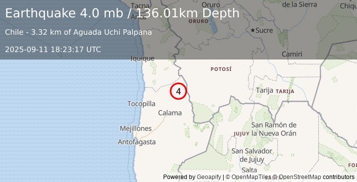 Earthquake 49 km SW of Ollagüe, Chile (4.0 mb) (2025-09-11 18:23:17 UTC)