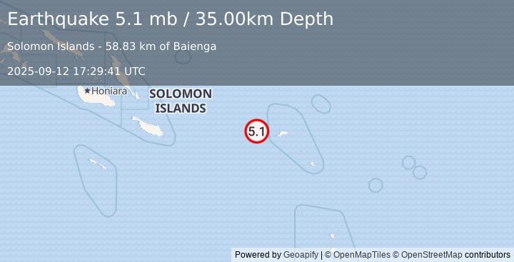 Earthquake 68 km W of Lata, Solomon Islands (5.1 mb) (2025-09-12 17:29:41 UTC)