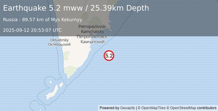 Earthquake 137 km SE of Vilyuchinsk, Russia (5.2 mww) (2025-09-12 20:53:07 UTC)