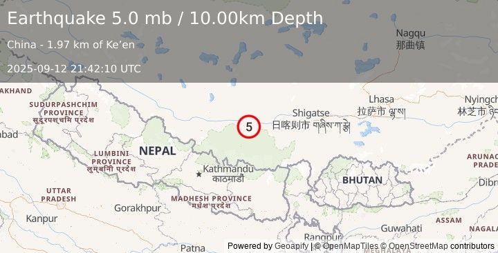 Earthquake 122 km N of Lobuche, Nepal (5.0 mb) (2025-09-12 21:42:10 UTC)