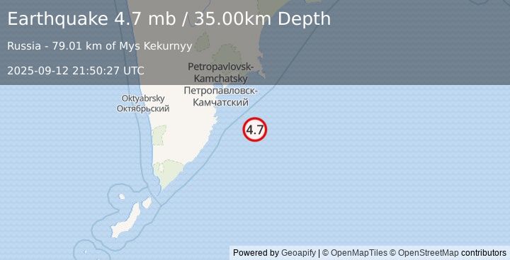Earthquake 123 km SE of Vilyuchinsk, Russia (4.7 mb) (2025-09-12 21:50:27 UTC)