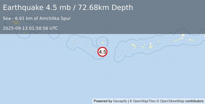 Earthquake 260 km W of Adak, Alaska (4.5 mb) (2025-09-13 01:58:56 UTC)