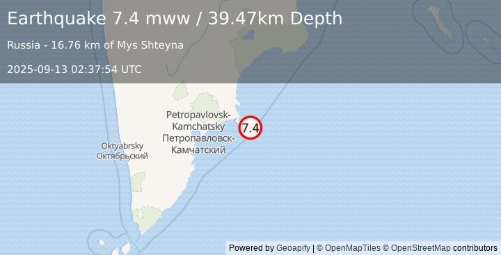 Earthquake 111 km E of Petropavlovsk-Kamchatsky, Russia (7.4 mww) (2025-09-13 02:37:54 UTC)