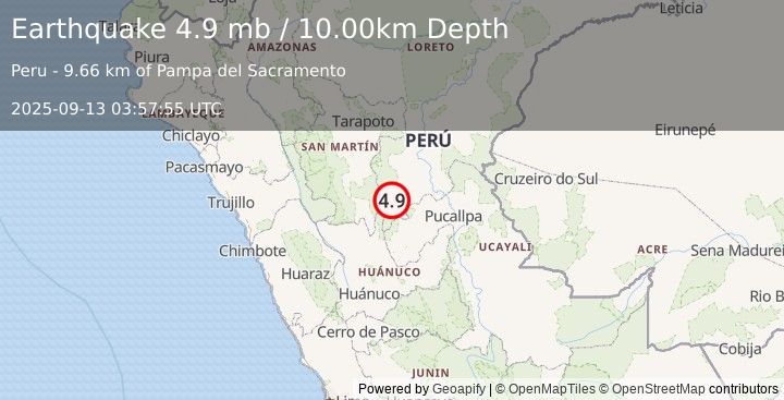 Earthquake 82 km E of Tocache, Peru (4.9 mb) (2025-09-13 03:57:55 UTC)
