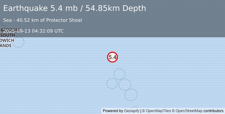 Earthquake South Sandwich Islands region (5.4 mb) (2025-09-13 04:32:09 UTC)