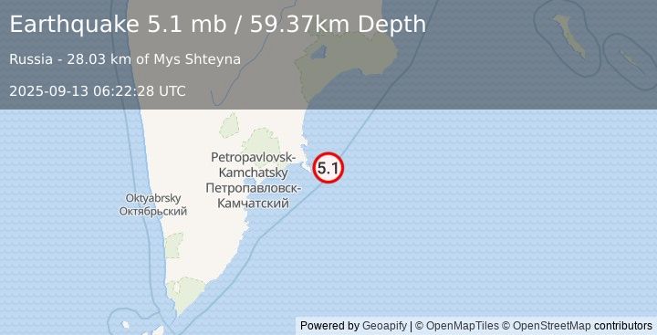 Earthquake 123 km E of Petropavlovsk-Kamchatsky, Russia (5.1 mb) (2025-09-13 06:22:28 UTC)