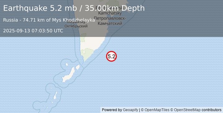 Earthquake 160 km ESE of Ozernovskiy, Russia (5.2 mb) (2025-09-13 07:03:50 UTC)