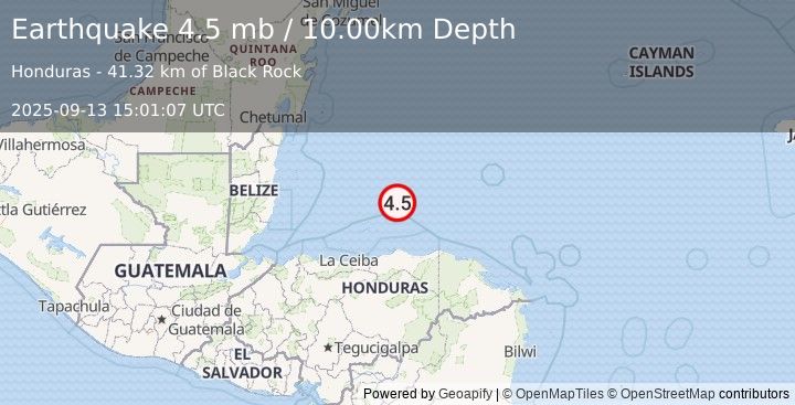 Earthquake 48 km N of Savannah Bight, Honduras (4.5 mb) (2025-09-13 15:01:07 UTC)