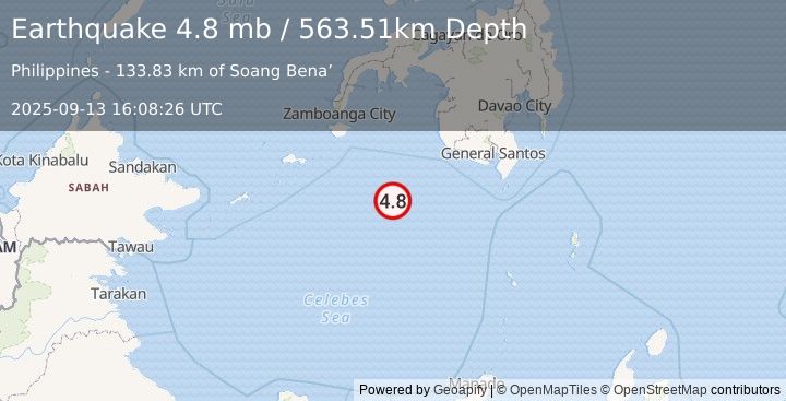 Earthquake 162 km SW of Palimbang, Philippines (4.8 mb) (2025-09-13 16:08:26 UTC)