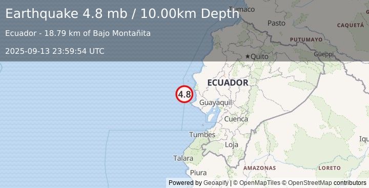 Earthquake 51 km NW of Salinas, Ecuador (4.8 mb) (2025-09-13 23:59:54 UTC)